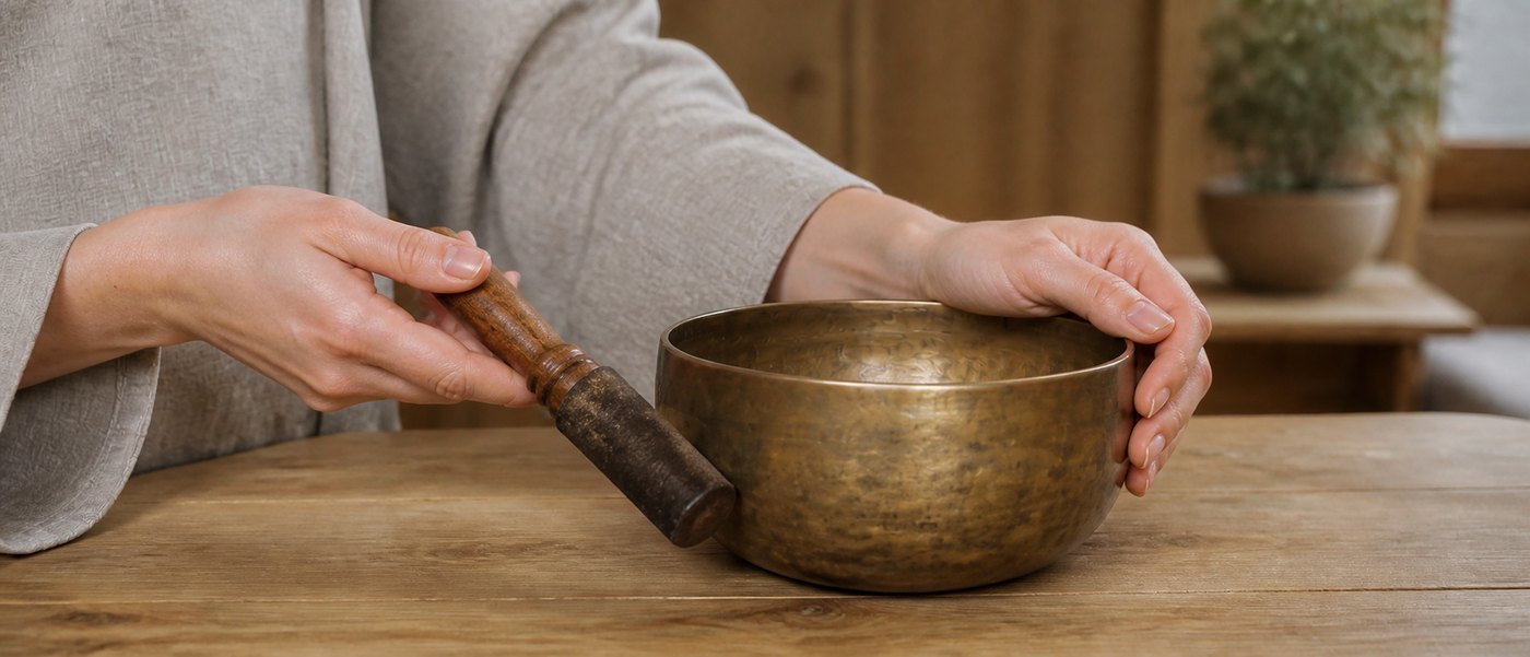 Руки на бронзовой поющей чаше и деревянная колотушка на столе